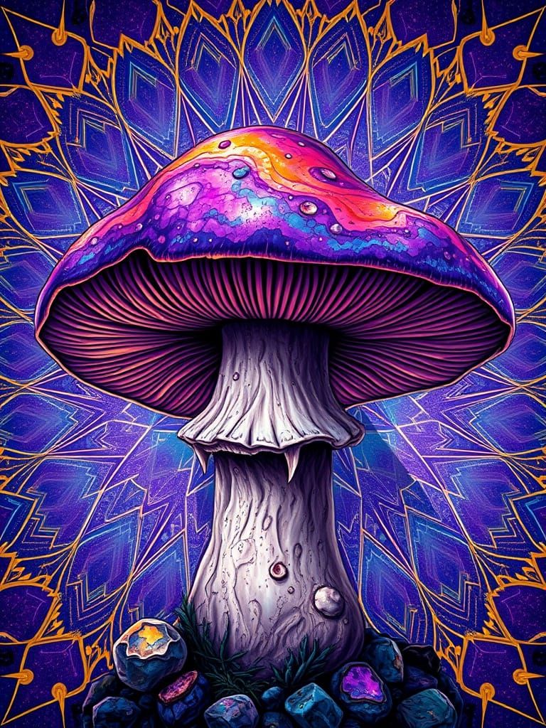 Surrealistic Magic Mushroom Portrait in Cosmic Geometric Sty...