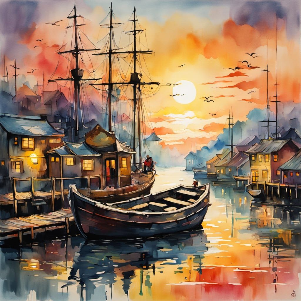 Fairytale Boat at Sunset in Art Deco Style