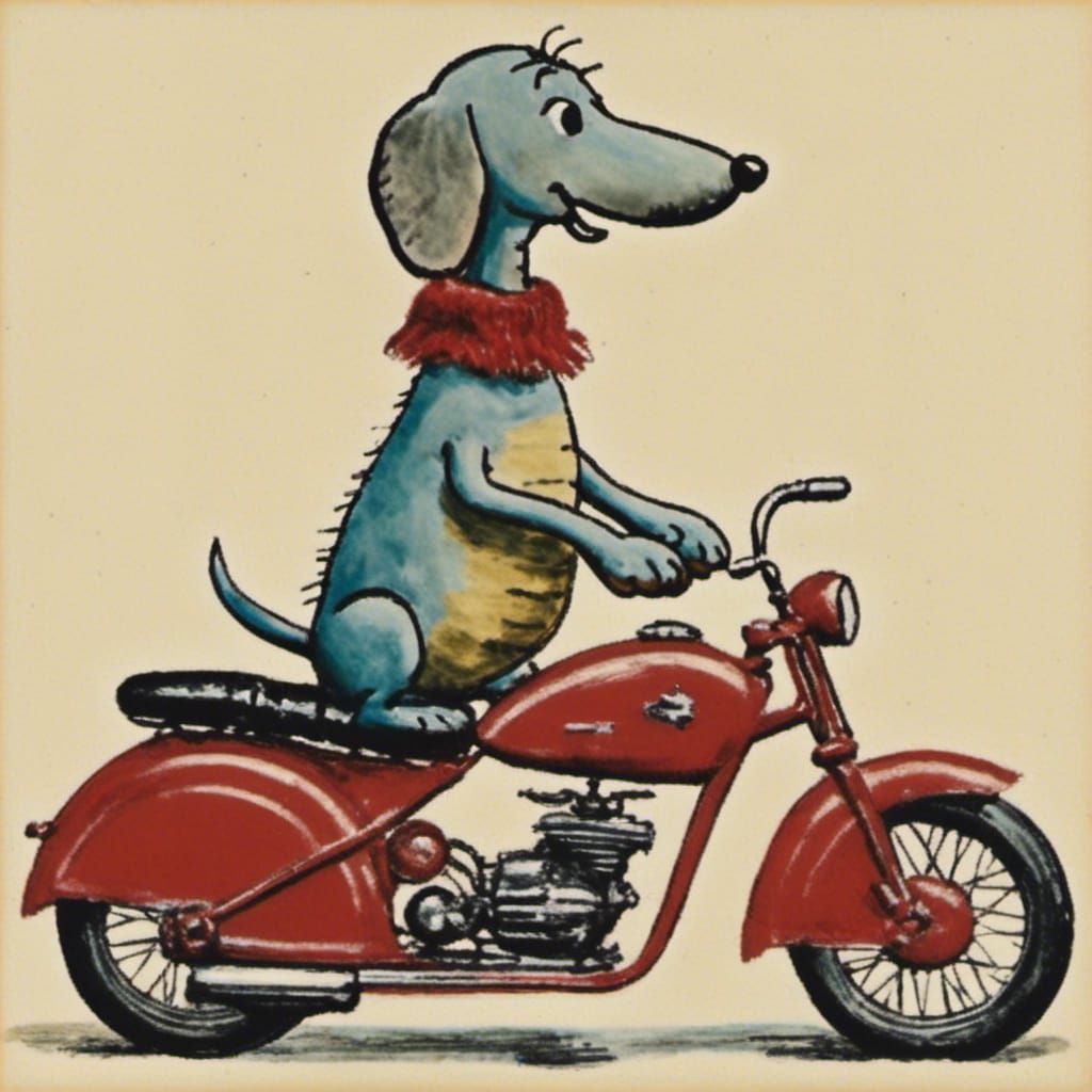 Dachshund Rides a Motorcycle in Comic Style