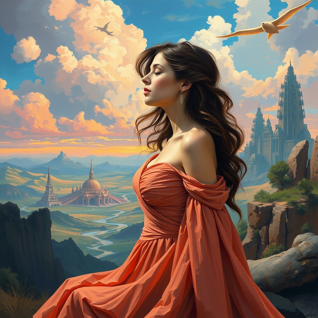 Surreal Woman in Landscape, Constructivist Oil Painting