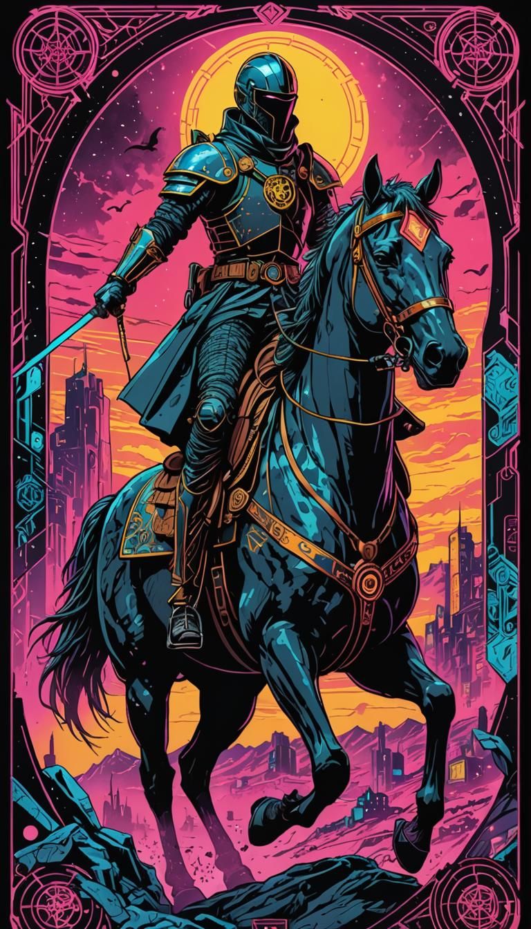 Knight of Pentacles Tarot Card in Cyberpunk Style