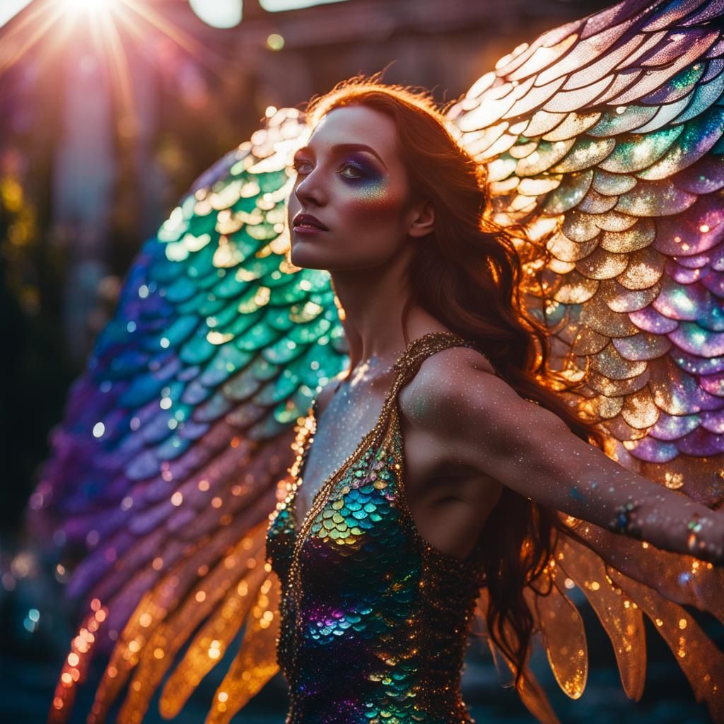 Iridescent Mermaid Portrait with Ethereal Wings