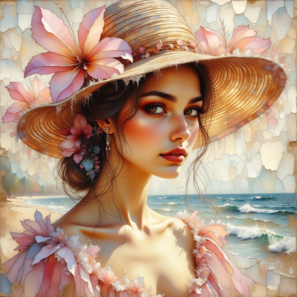 Ethereal Woman Portrait in Monet Style with Seaside Boardwal...