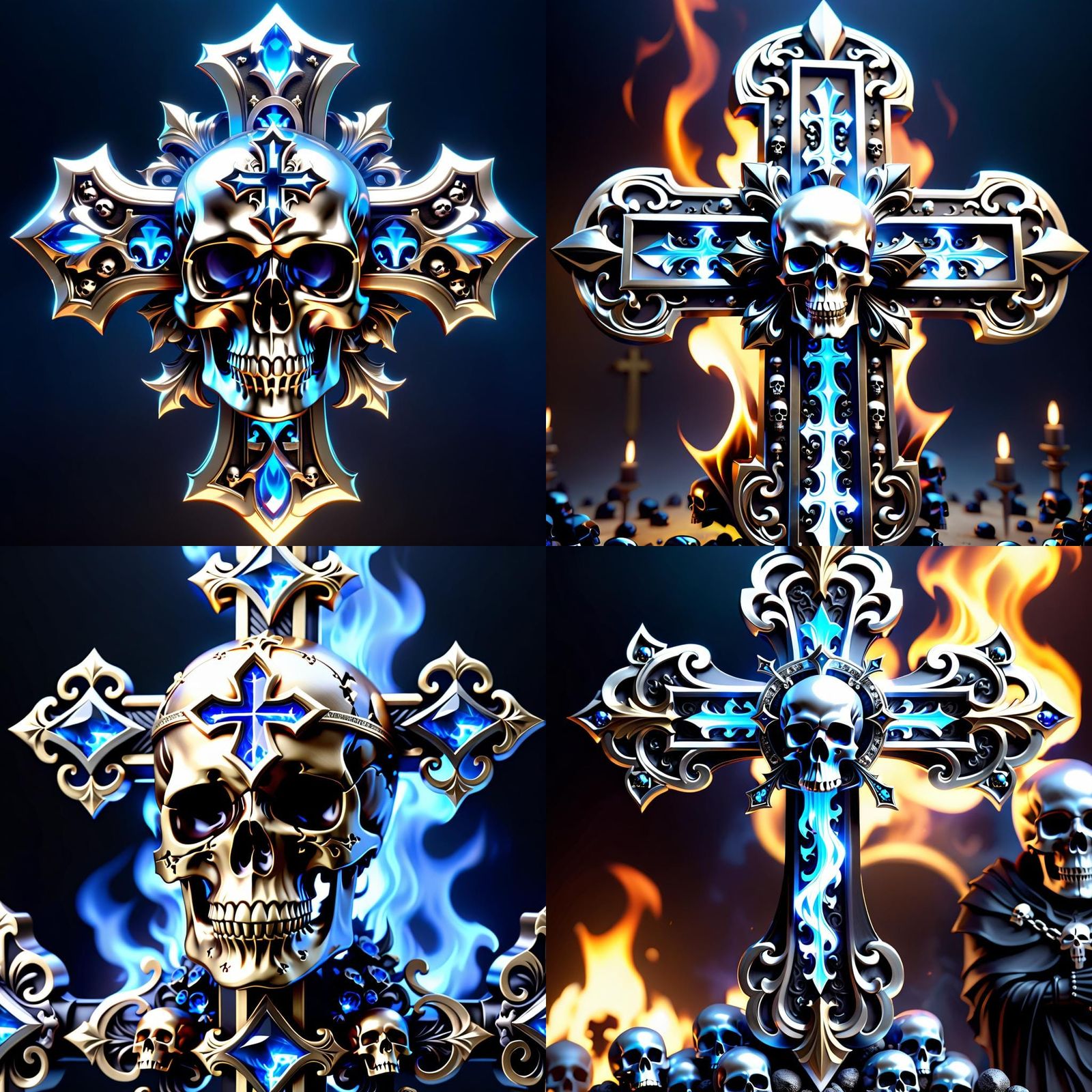 Skull Cross with Blue Flames: Dark Fantasy Metal Art