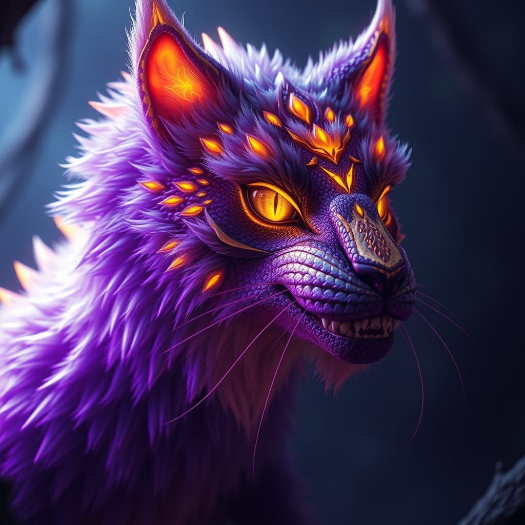 Dark Fantasy Cat-Dinosaur Hybrid in Ethereal Glow