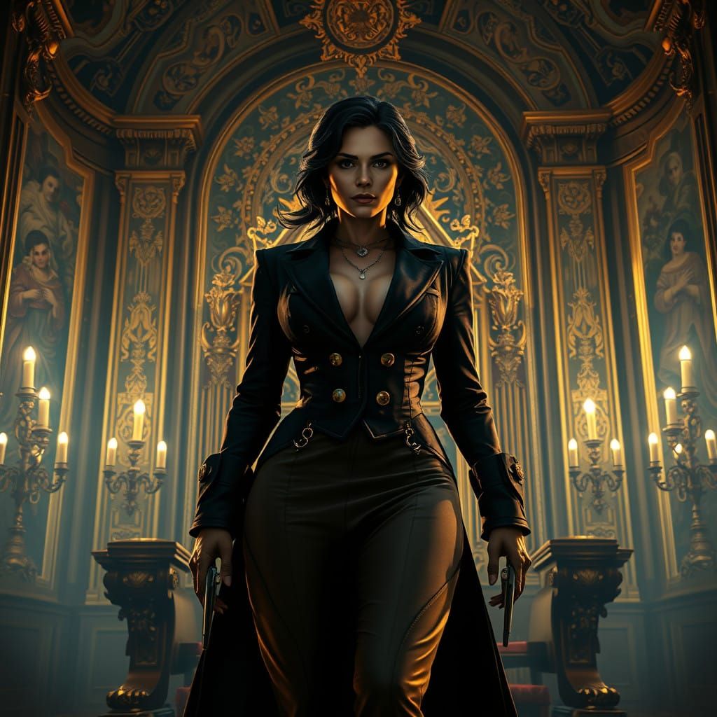 Mysterious Italian Mafia Matriarch in Ornate Fantasy Realm