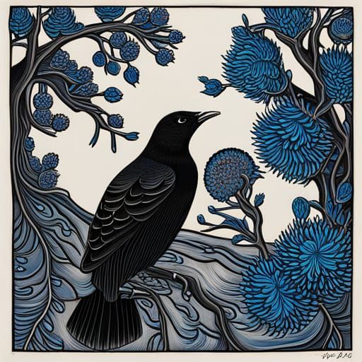 Satin-bowerbird Collecting Blossoms in Linocut Style