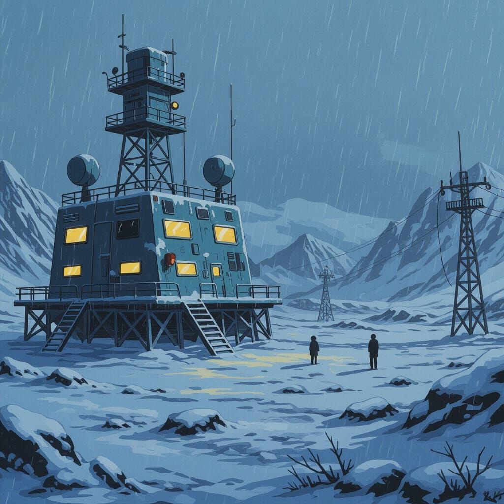 Retro 80s Anime Science Station in Nordic Wilderness