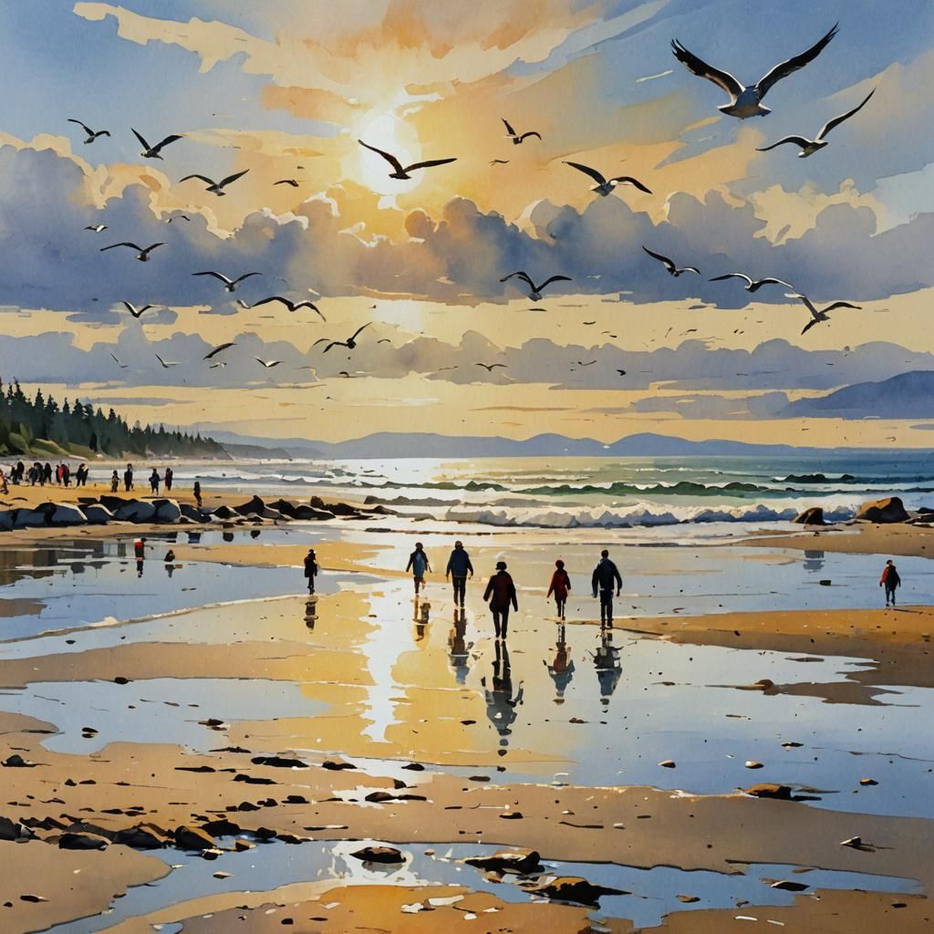 Impressionist Gouache Painting of Long Beach, Vancouver Isla...