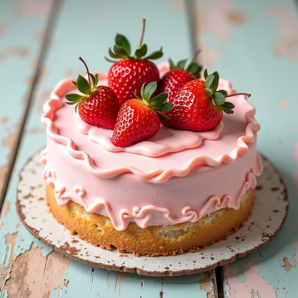 Strawberry Cake Watercolor Illustration with Pink Frosting