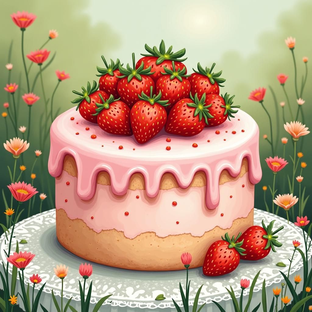 Strawberry Cake in Meadow: Whimsical Illustration