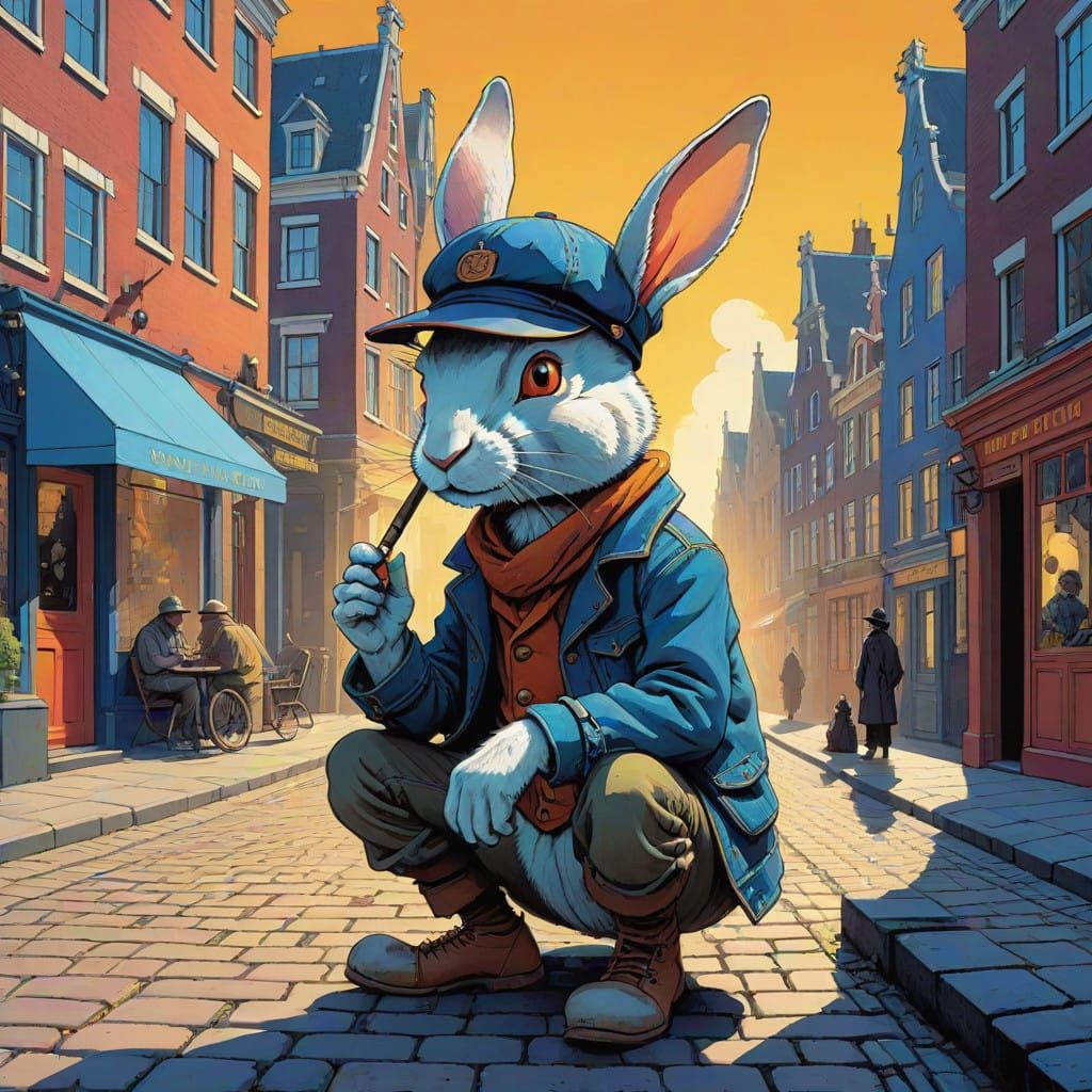 Whimsical Rabbit Sits on Amsterdam Cobblestones