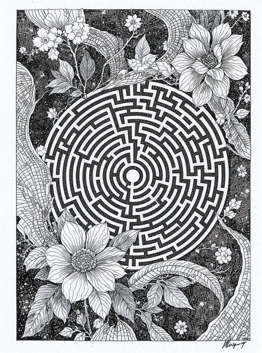 Abstract Floral Labyrinth in Woodcut Style