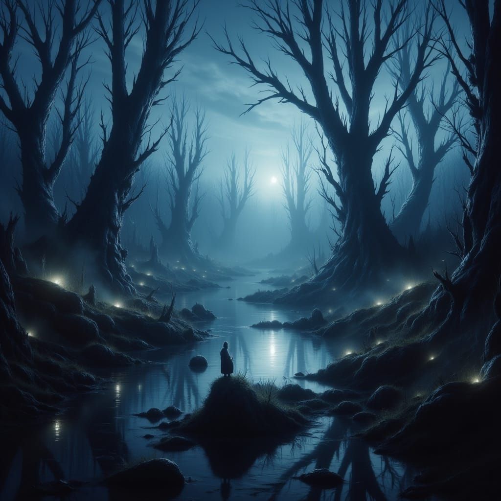Misty, Eerie Bog at Dusk with Twisted Trees