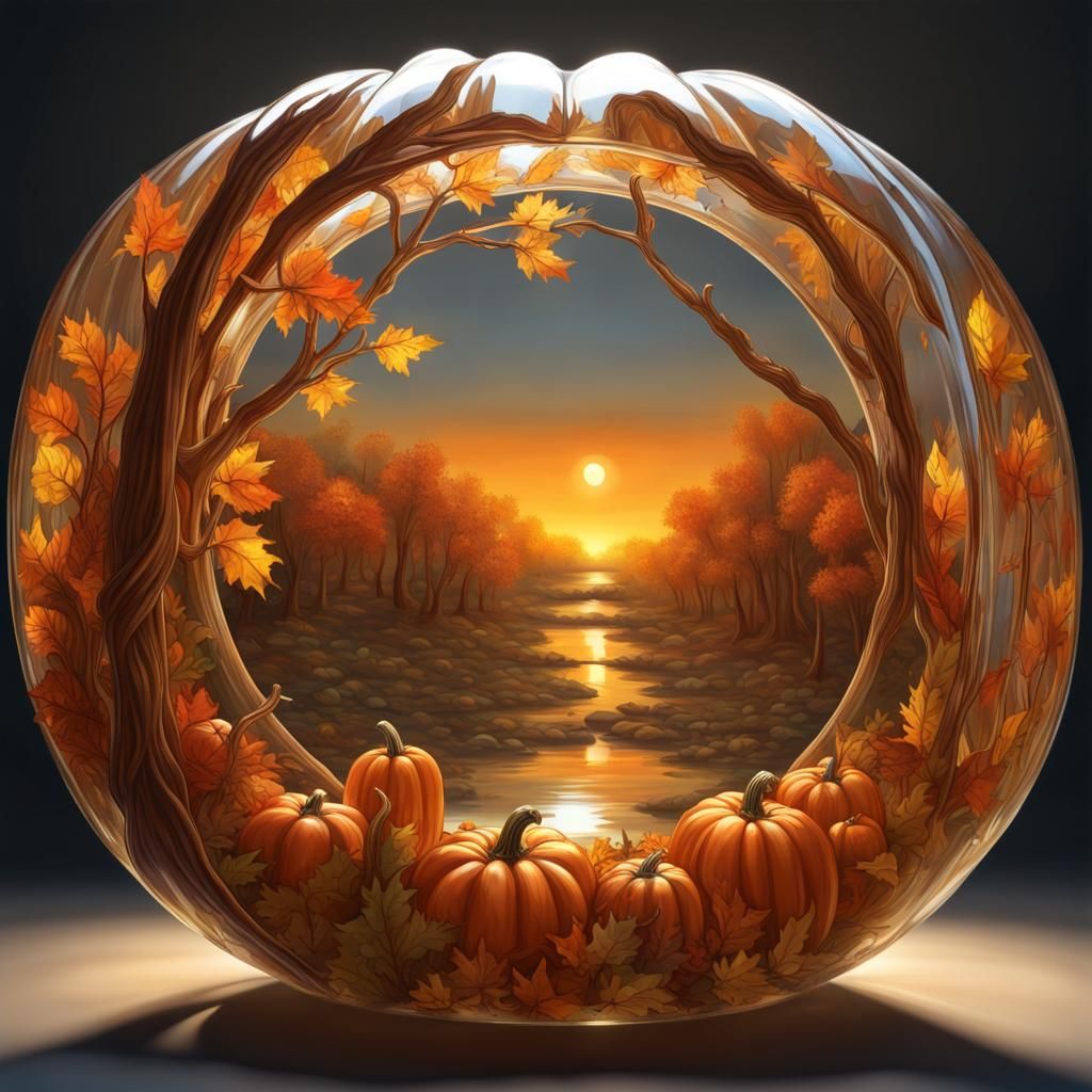 Glass Portal with Pumpkin and Autumnal Motifs
