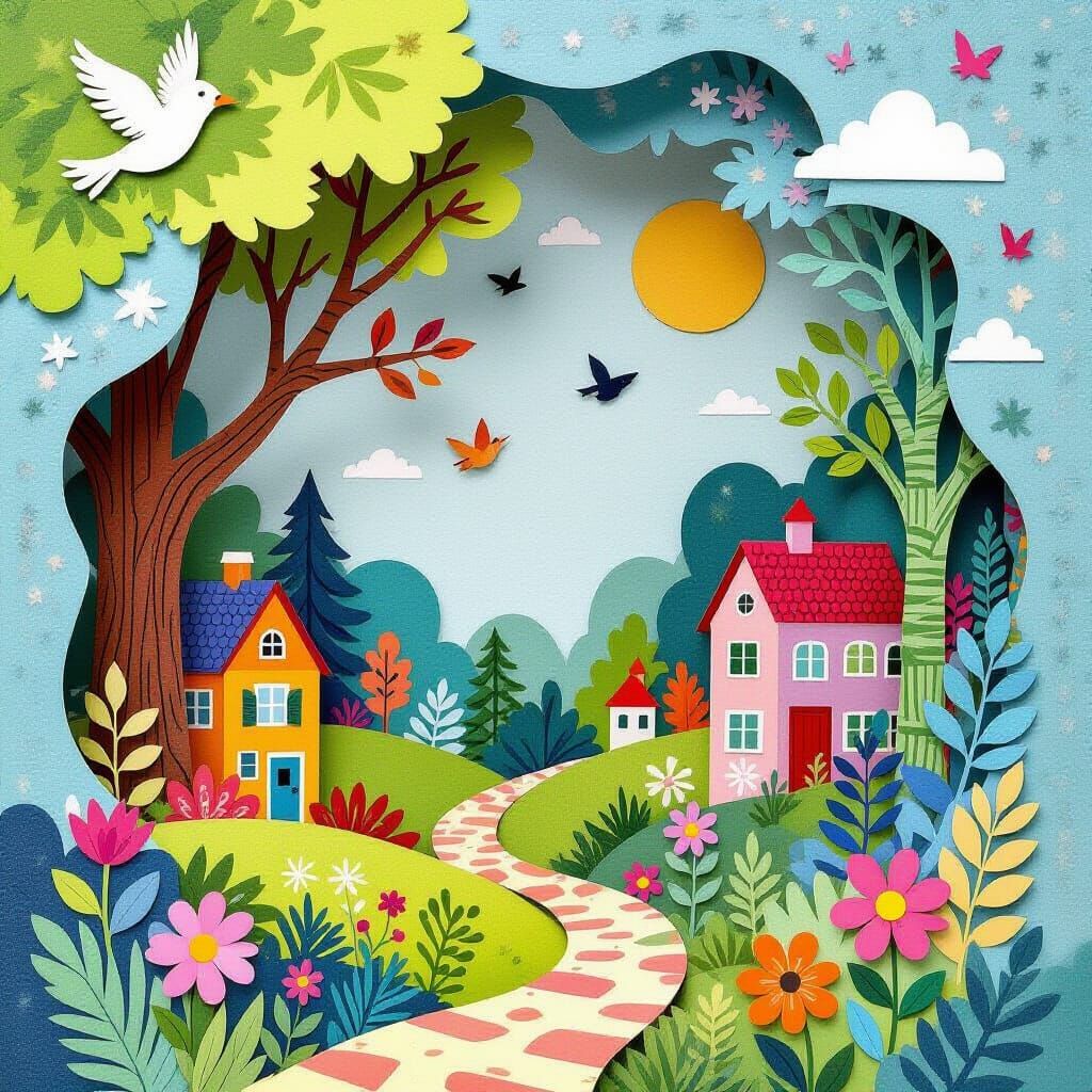 Vibrant Pop-Up Book Scene in Collage Style