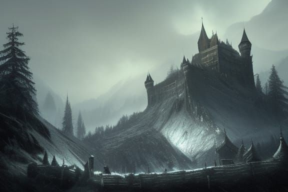 Ominous Castle in Dark Forest: Fantasy Concept Art
