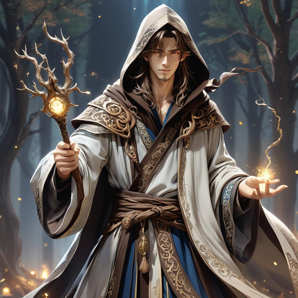 Young Wizard Casting Spell in Anime Style