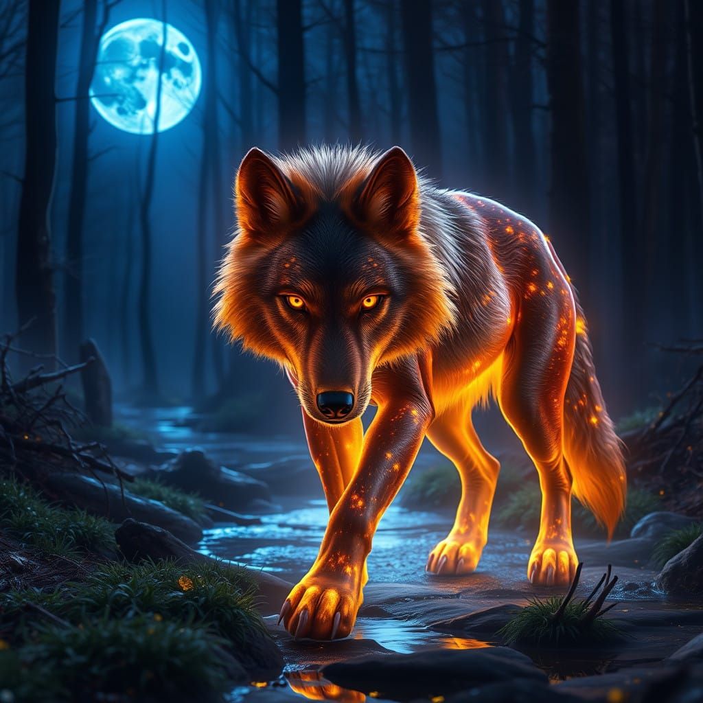 Glowing Amber Wolf in Dark Fantasy Forest