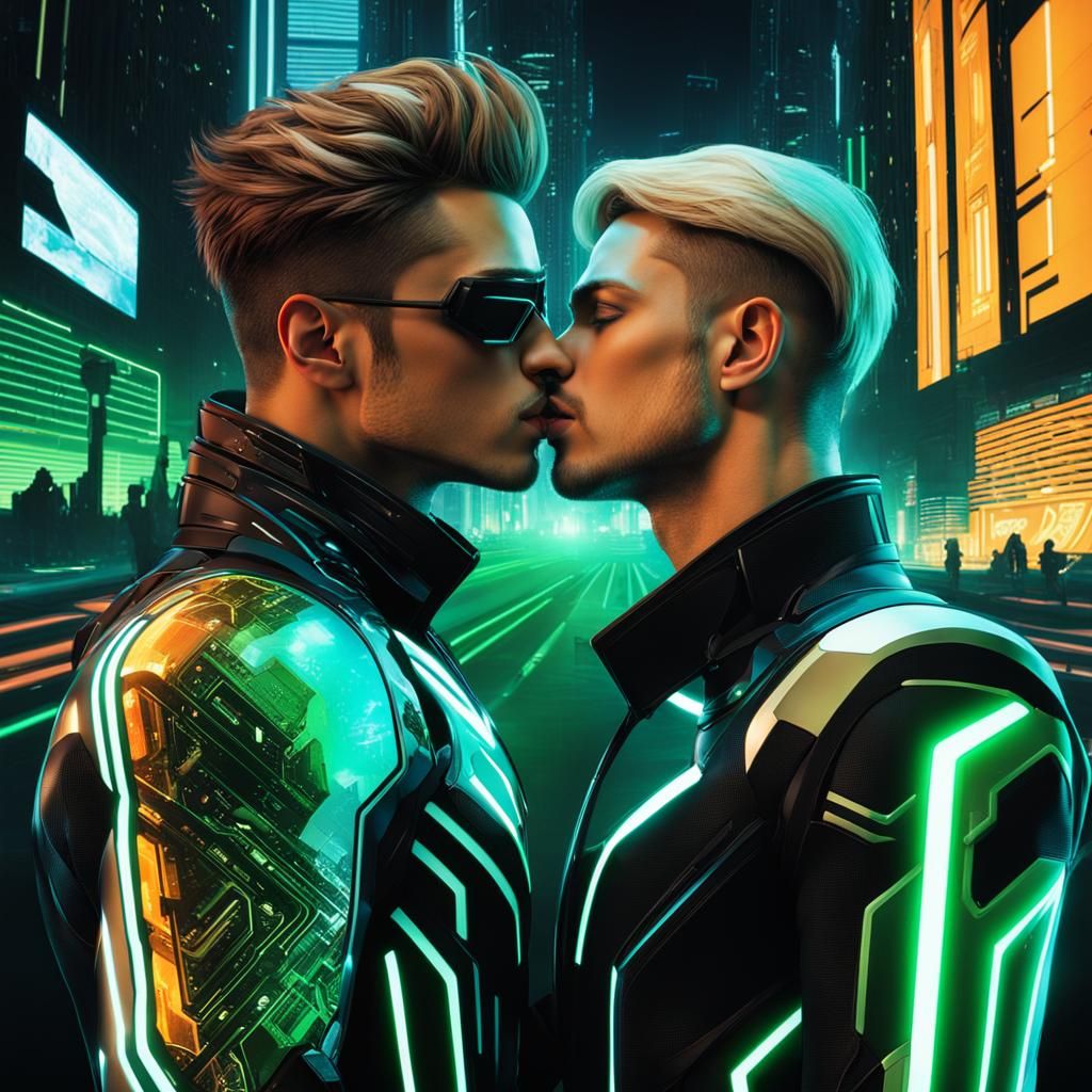 Cyberpunk Couple Portrait in Art Nouveau Style