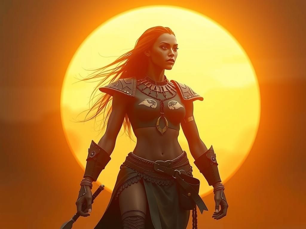 Heroic African Warrior Woman in Scorching Sunset