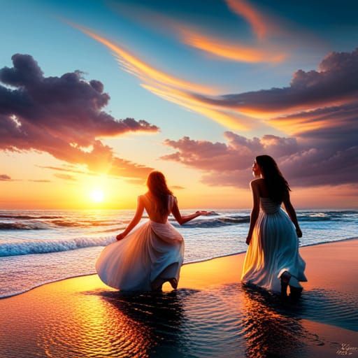 Victorian Ladies Swimming at Sunset: Matte Painting