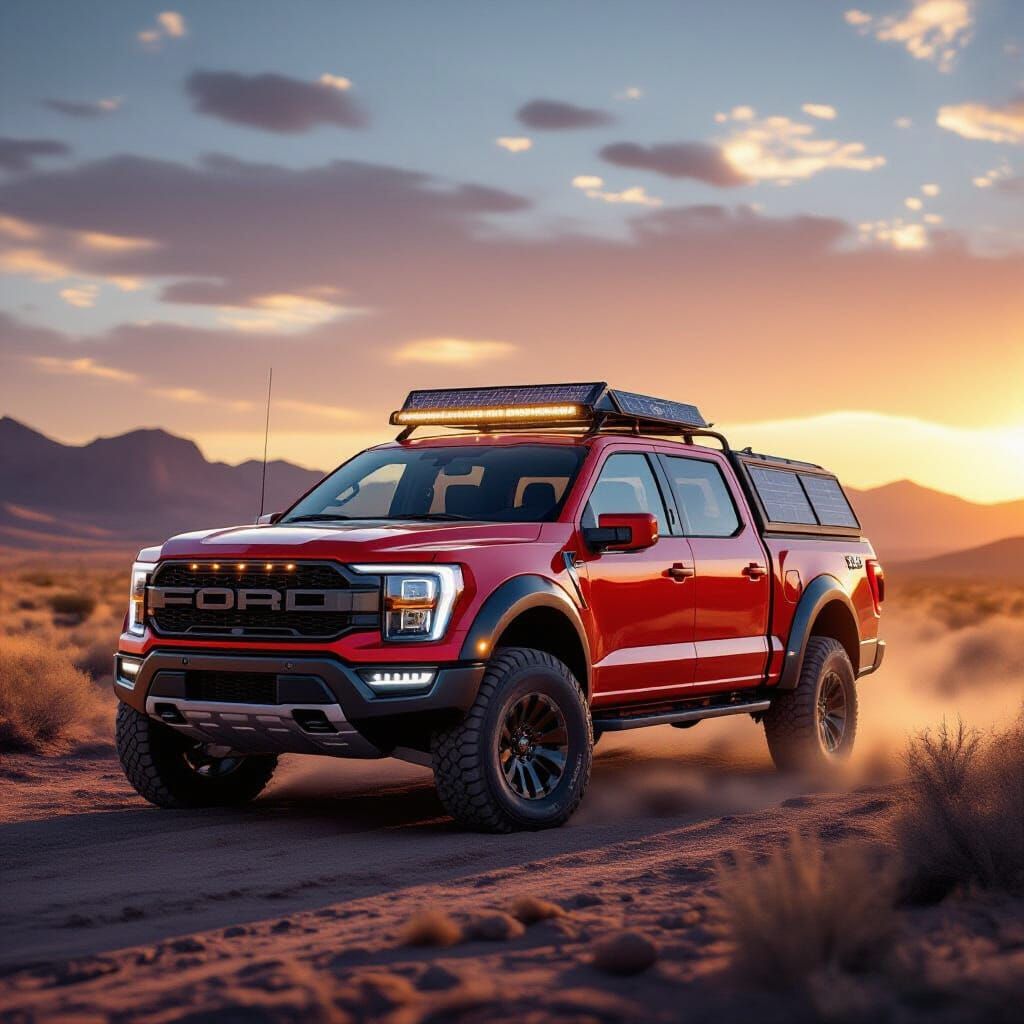 Red Lambotruck in Desert Sunset, Photorealistic