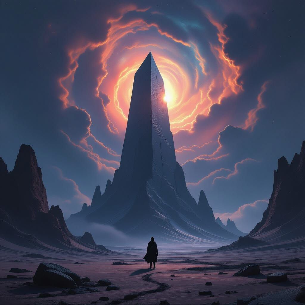 Alien Traveler Gazes at Colossal Structure in Surreal Landsc...