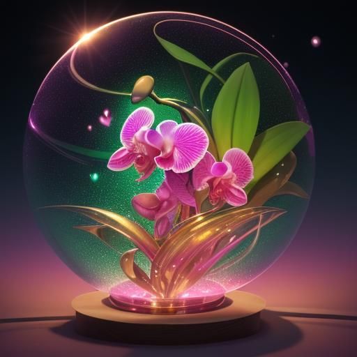 Orchid in Glass Sphere with Neon Illumination