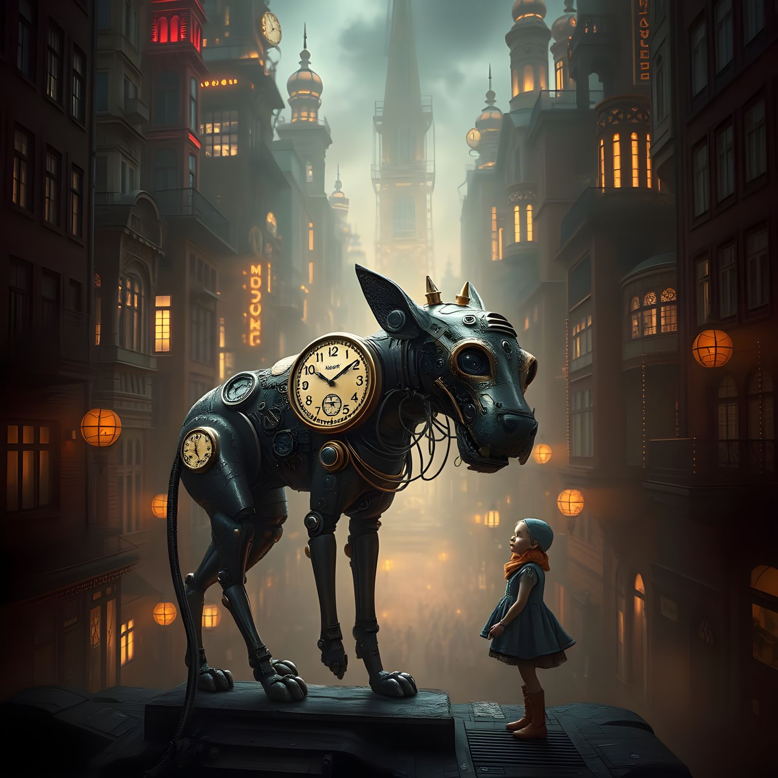 Steampunk City: Clockwork Dog Guides Blind Girl