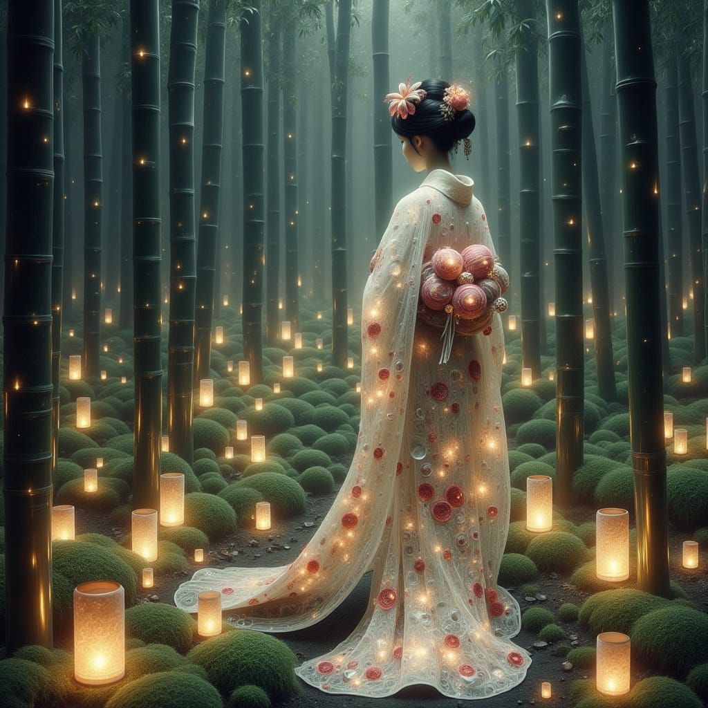 Geisha in Celestial Kimono in Bamboo Forest