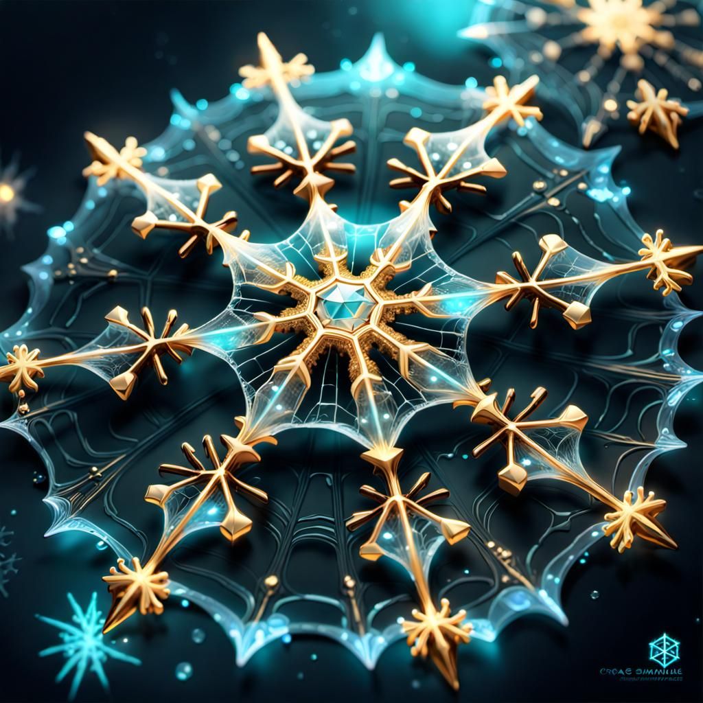Bioluminescent Crystal Snowflake Spiderweb in 8k