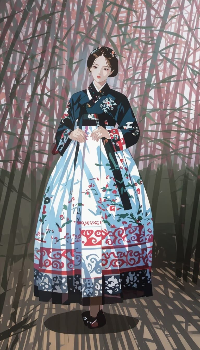 Korean Woman in Hanbok at Sunrise Bamboo Forest