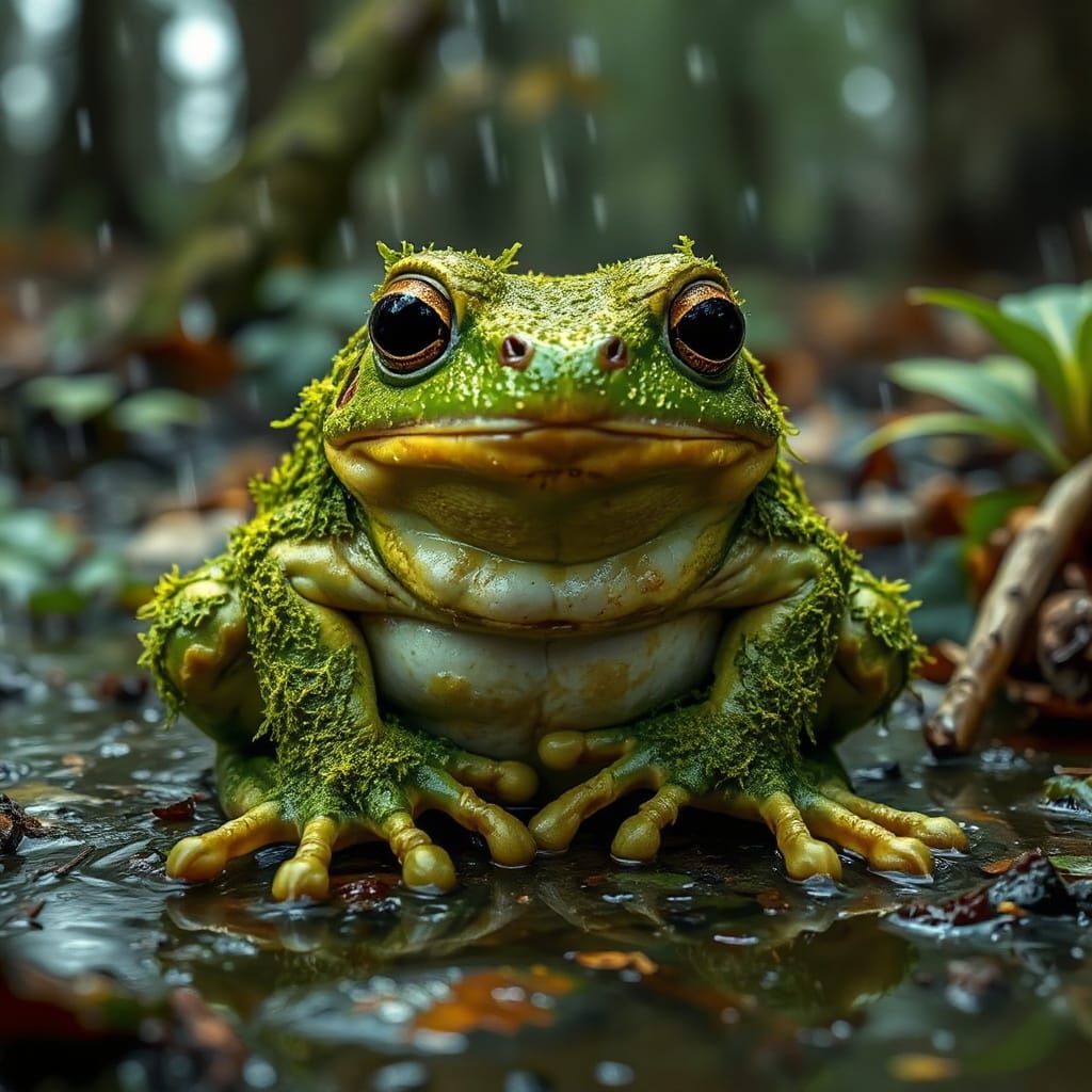 Sad Mossy Frog in Rainy Forest
