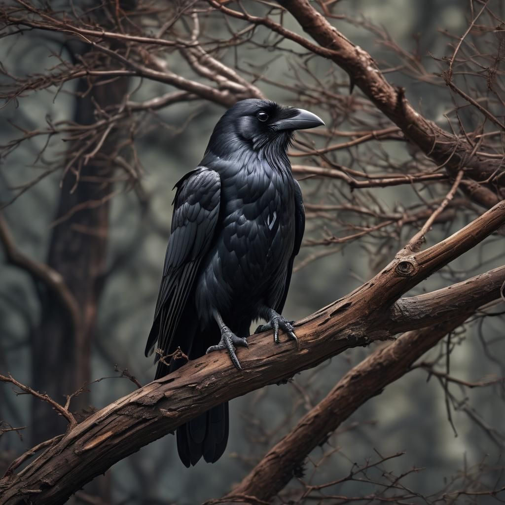 Hyperrealistic Raven on Branch, Sharp Focus