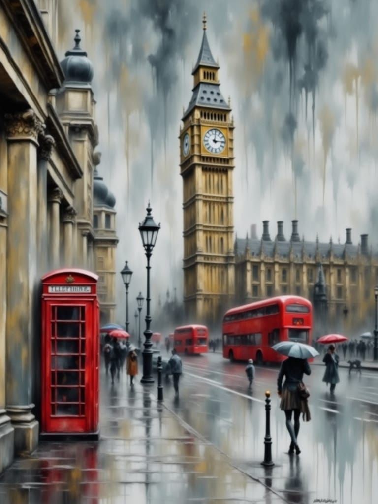 Rainy London Street Scene as Impasto Oil Painting