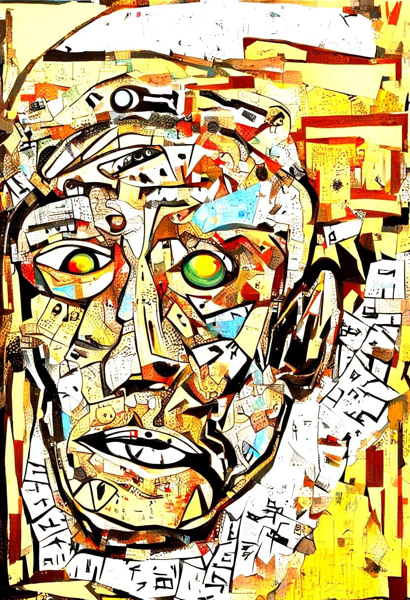 Fragmented Portrait in Pop Dada Outsider Art Style