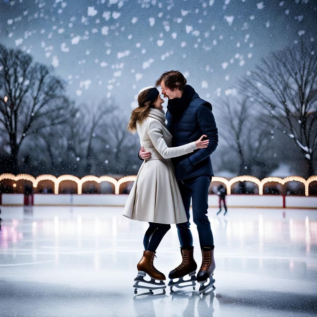 Romantic Ice Skating Couple in Winter Snowfall