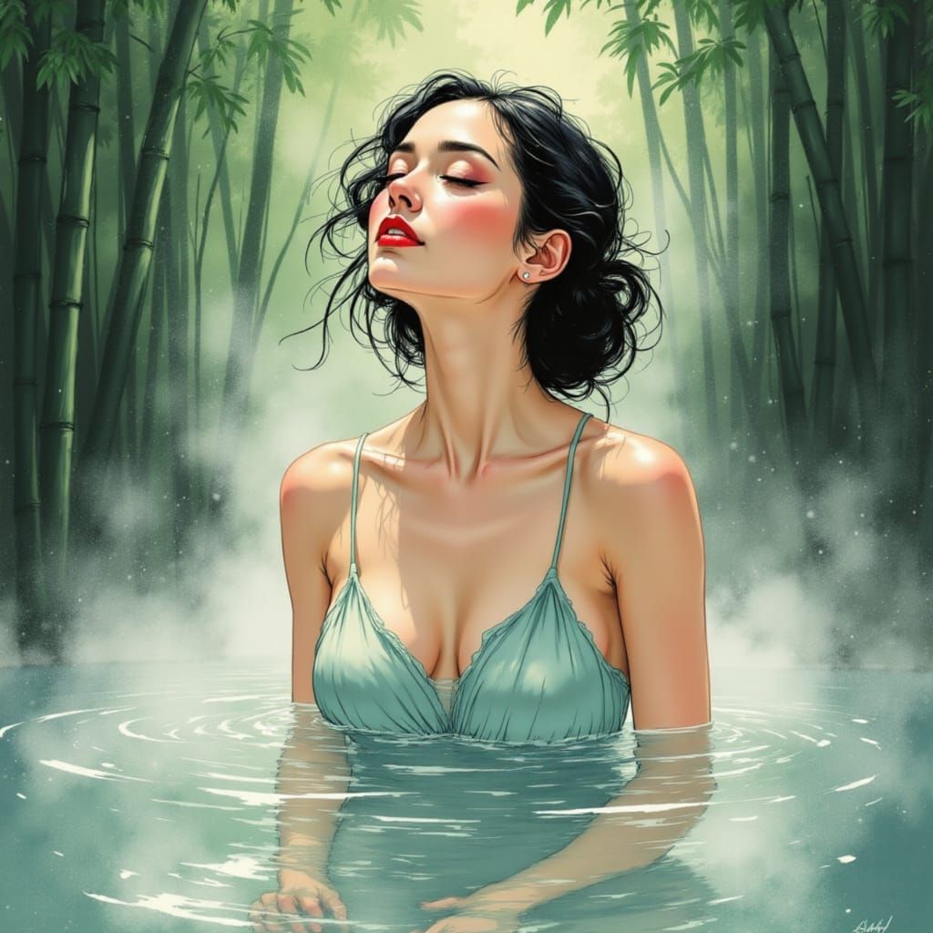 Serene Woman Enjoys Misty Onsen in Japanese Ink Style