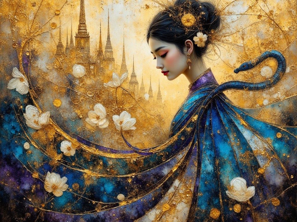 Thai Princess Silhouette with Temple Spires