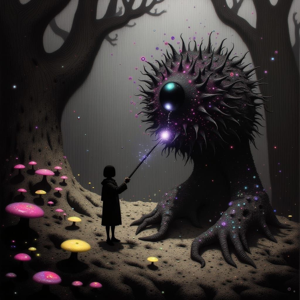 Ancient Forest Confrontation in Dark Fantasy Style