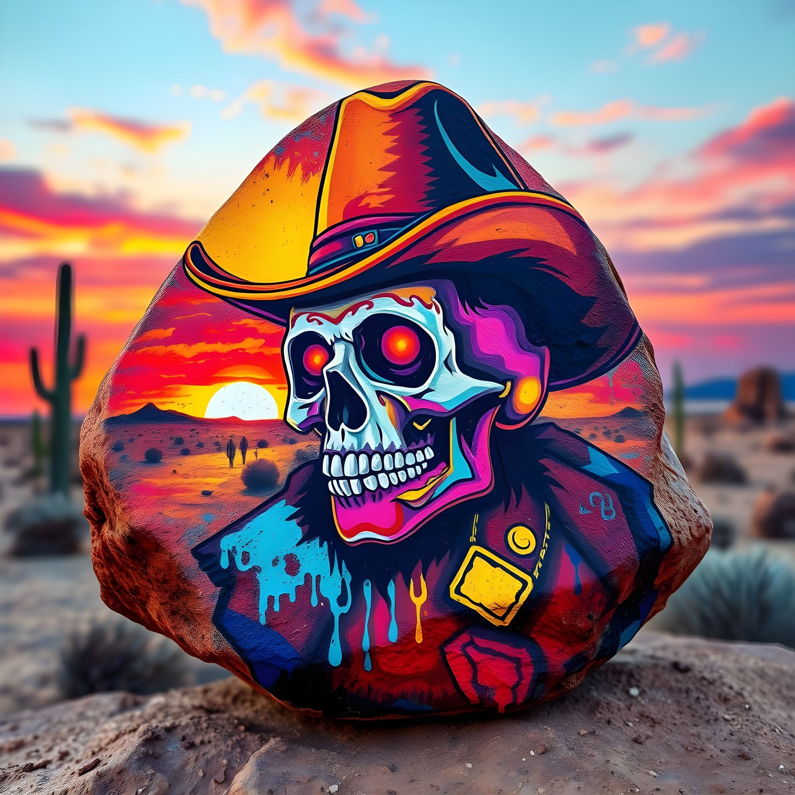A rock with a painting of vibrant art and colors of a Mexici...