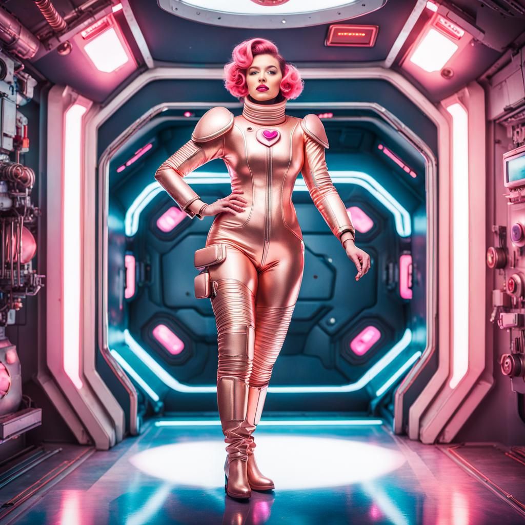 Voluptuous Woman in Sci-Fi Suit on Space Station