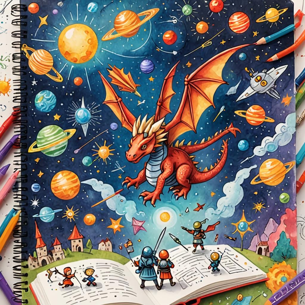 Whimsical Notebook Page with Dragons and Spaceships