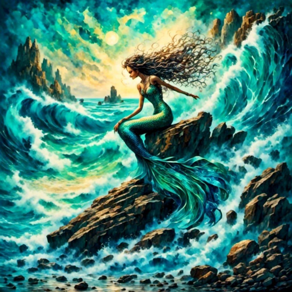 Mermaid Sunbathing Amidst Splashing Waves
