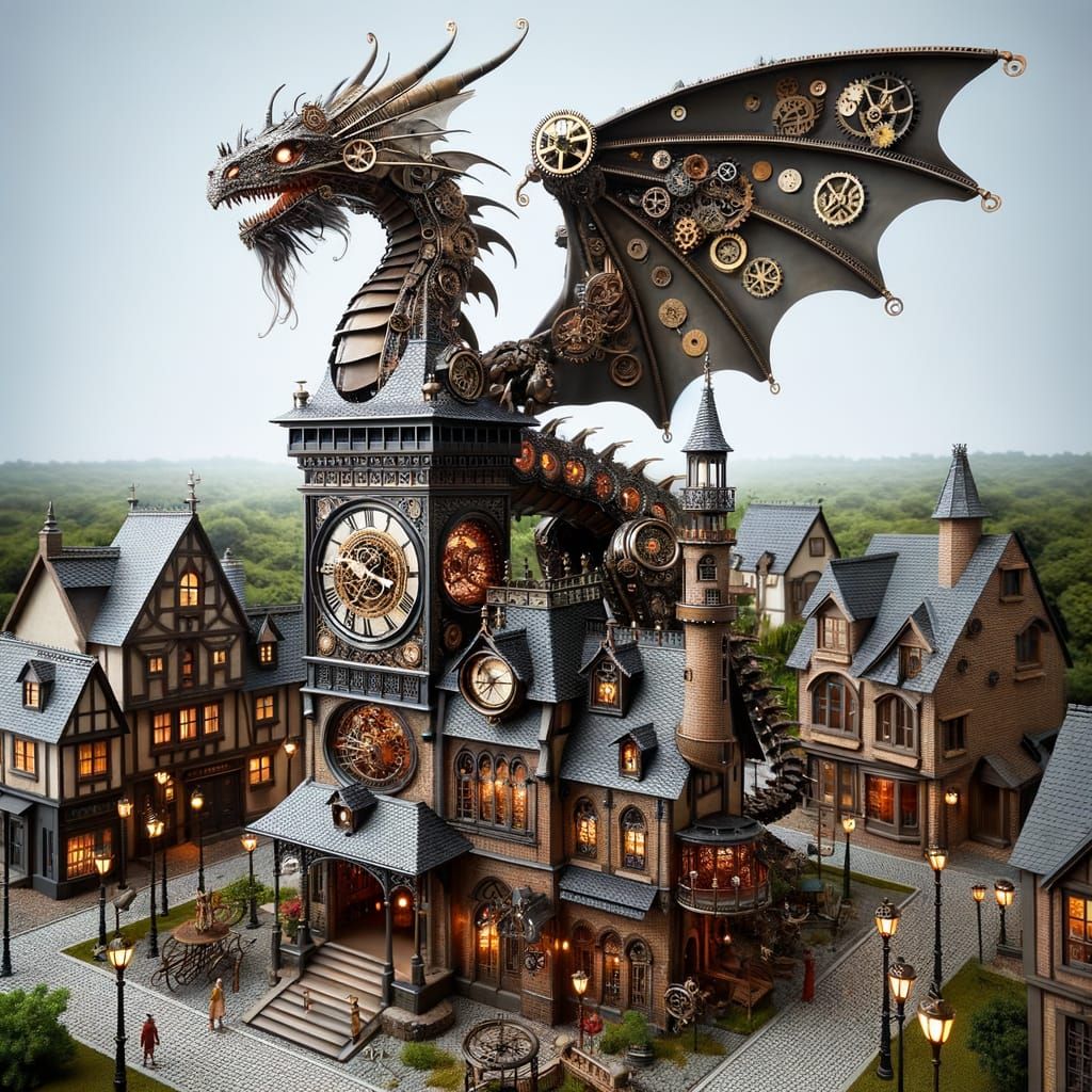 Steampunk Dragon Perched on Clock Tower