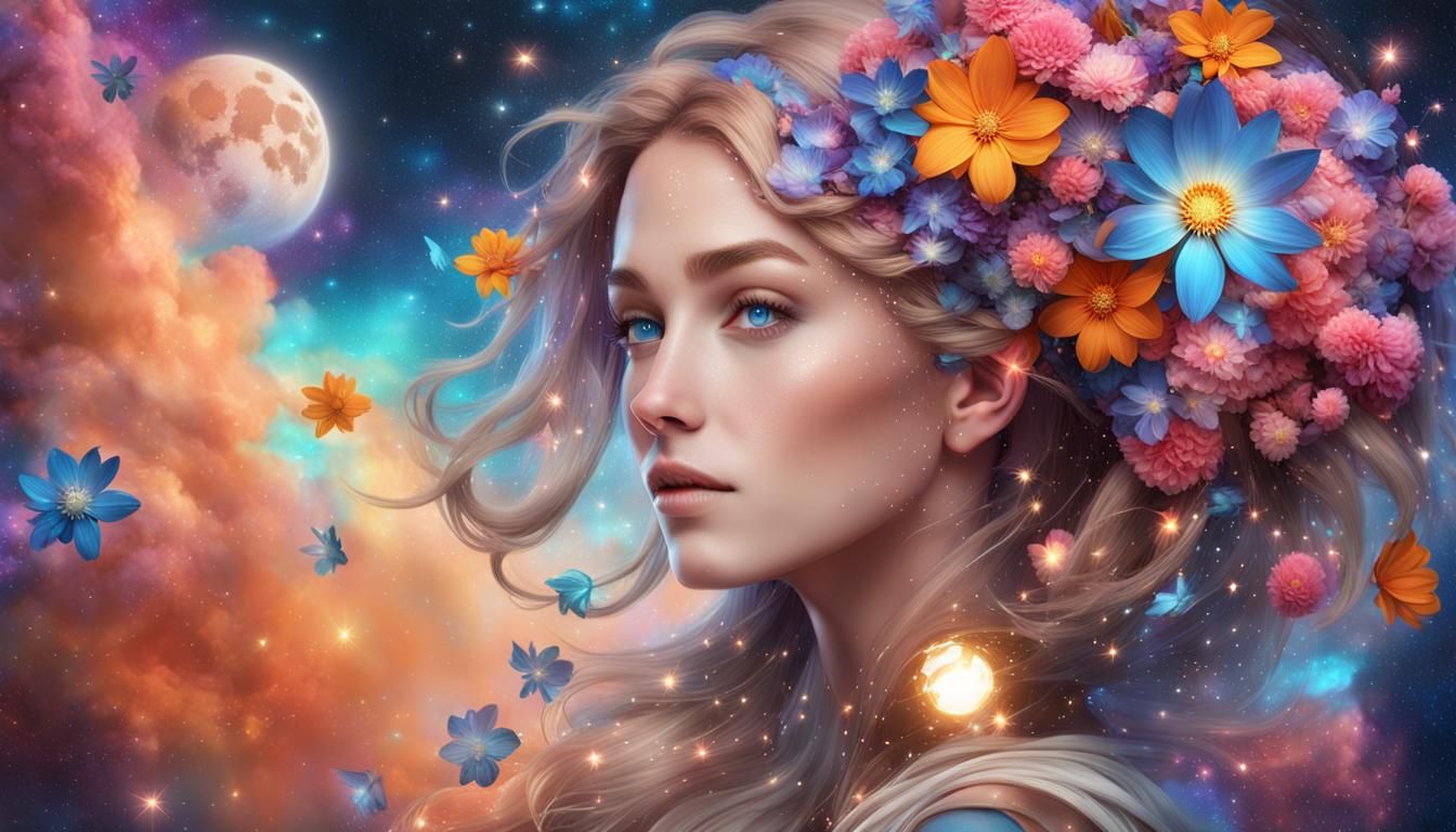 Cosmic Blossoms: Digital Portrait of a Woman