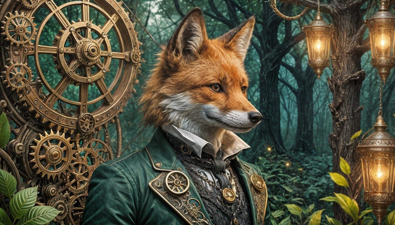 Steampunk Fox Exploring Enchanted Forest in Hyperrealistic S...