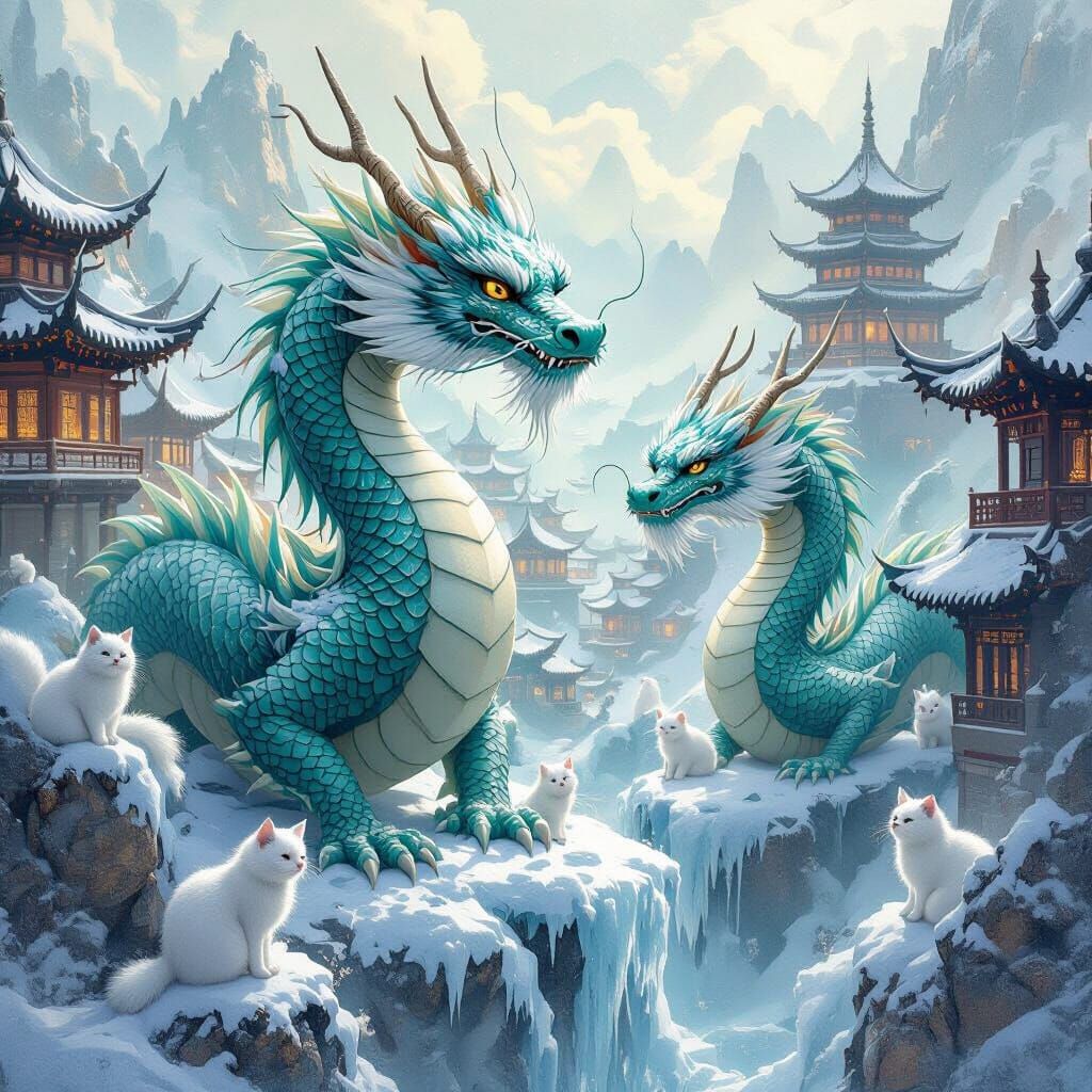 Teal Arctic Dragons in Mystical City with White Cats