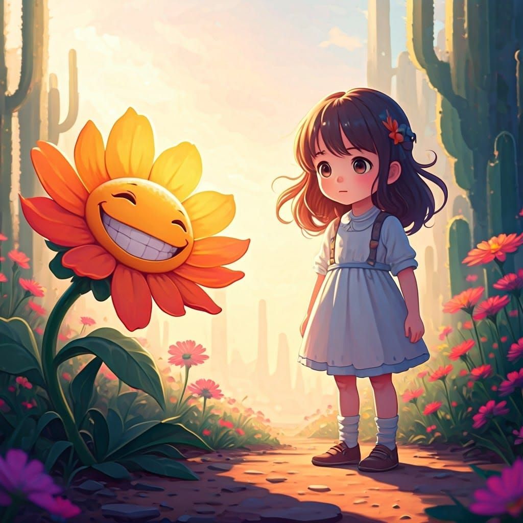 Magical Anime Girl Watches Desert Flower Smile